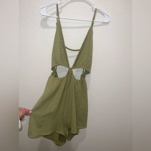 Large 12th Tribe sage green adjustable, cut out romper
